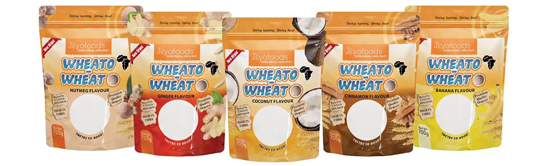 The full range of Wheat-Wheato flavours - nutmeg, ginger, coconut, cinnamon and banana